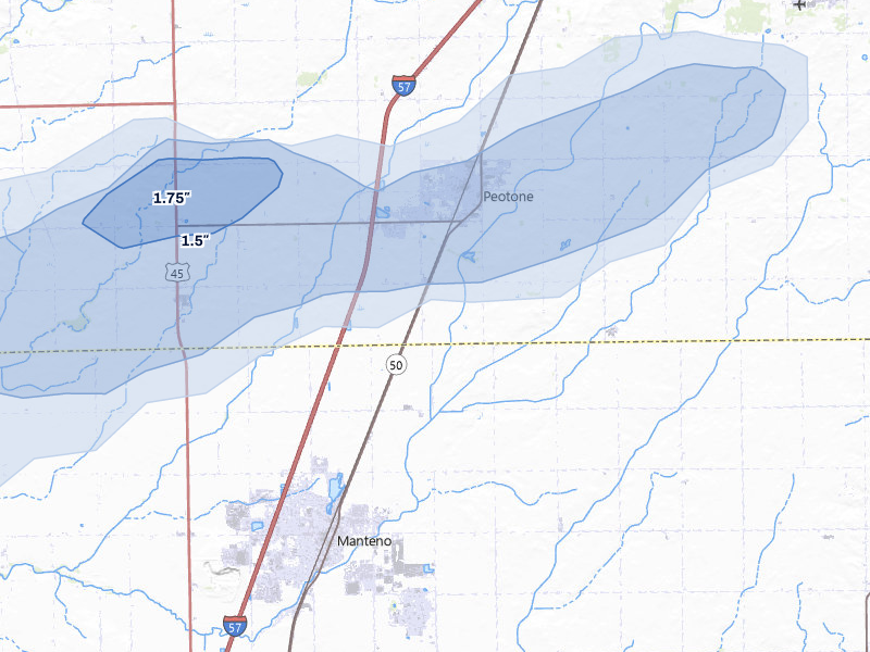NEXRAD radar-signature map of the hail over Peotone, IL