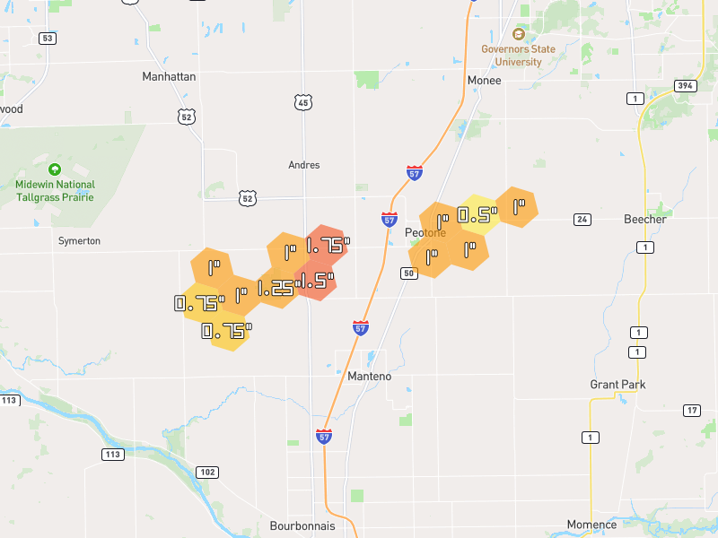 Hail map of Peotone, IL on Jul 3, 2026, hail up to 1.75"