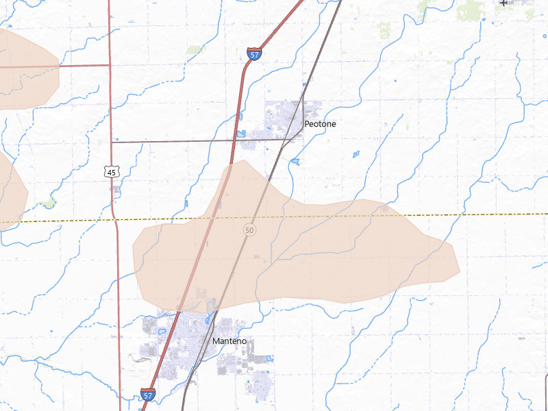 Radar-estimated hail-size map of the storm over Peotone, IL on Aug 12, 2026