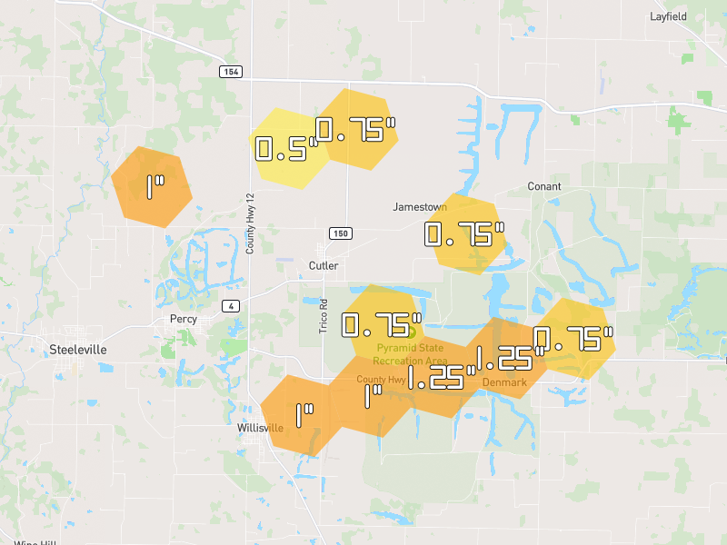 Hail map of Percy, IL on Jun 1, 2026, hail up to 1.25"