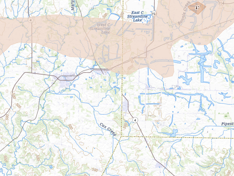 Radar-estimated hail-size map of the storm over Percy, IL on Aug 12, 2026