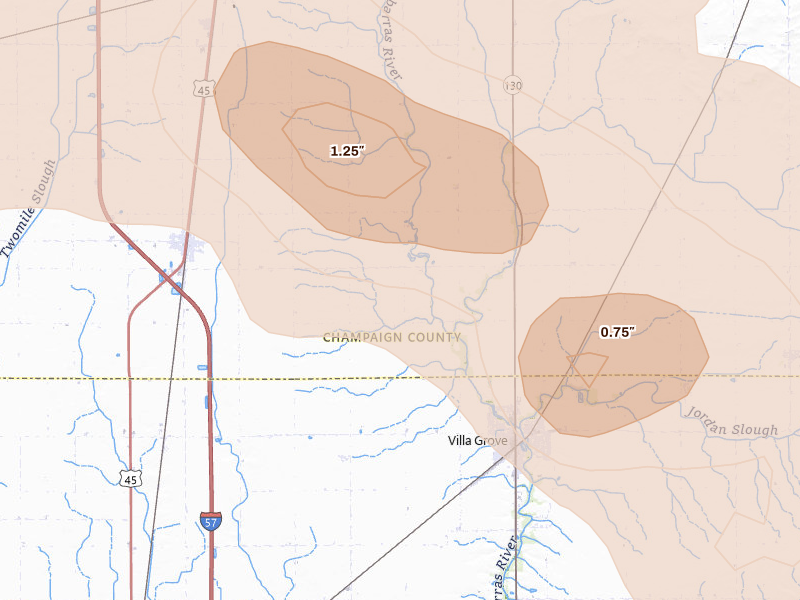 Radar-estimated hail-size map of the storm over Pesotum, IL on Aug 11, 2026