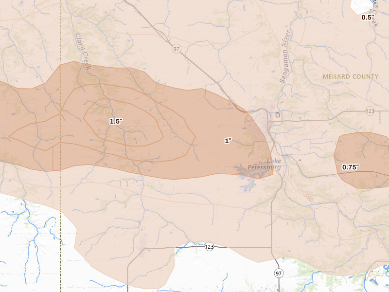 Radar-estimated hail-size map of the storm over Petersburg, IL on Jun 17, 2026