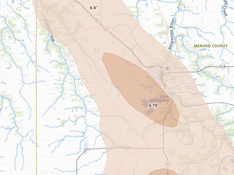Radar-estimated hail-size map of the storm over Petersburg, IL on Aug 21, 2026