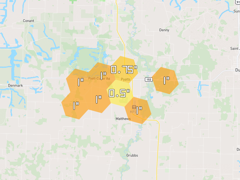 Hail map of Pinckneyville, IL on Jun 1, 2026, hail up to 1"