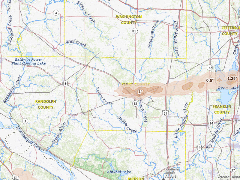 Radar-estimated hail-size map of the storm over Pinckneyville, IL on Jun 16, 2026