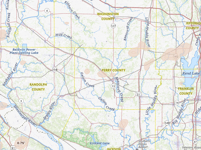 Radar-estimated hail-size map of the storm over Pinckneyville, IL on Jul 4, 2026