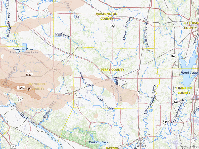 Radar-estimated hail-size map of the storm over Pinckneyville, IL on Jul 10, 2026