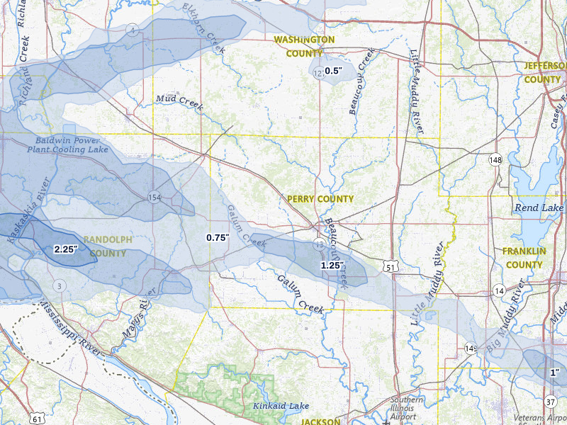 NEXRAD radar-signature map of the hail storm over Pinckneyville, IL on Jul 10, 2026