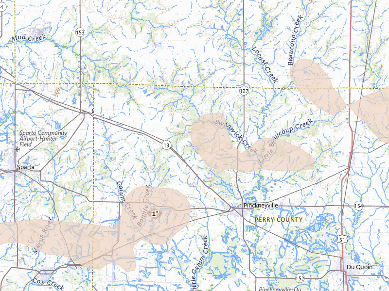 Radar-estimated hail-size map of the storm over Pinckneyville, IL on Aug 12, 2026