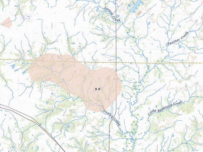 Radar-estimated hail-size map of the storm over Pinckneyville, IL on Aug 16, 2026