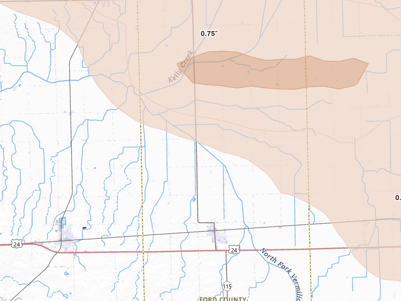 Radar-estimated hail-size map of the storm over Piper City, IL on Aug 9, 2026