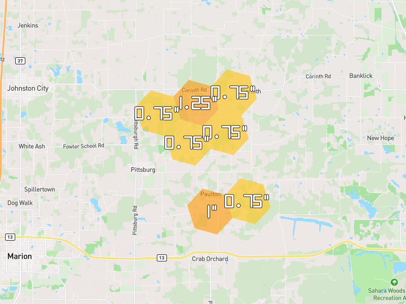 Hail map of Pittsburg, IL on Jul 4, 2026, hail up to 1.25"