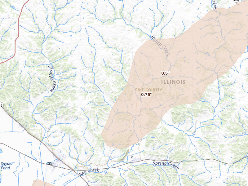 Radar-estimated hail-size map of the storm over Pittsfield, IL on Apr 26, 2026