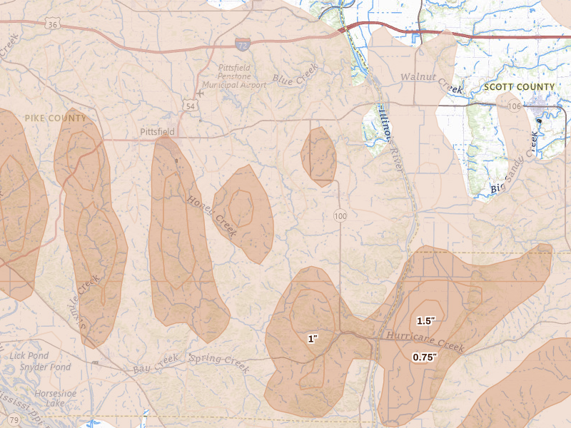 Radar-estimated hail-size map of the storm over Pittsfield, IL on Apr 27, 2026