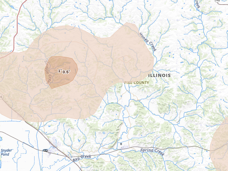 Radar-estimated hail-size map of the storm over Pittsfield, IL on May 31, 2026