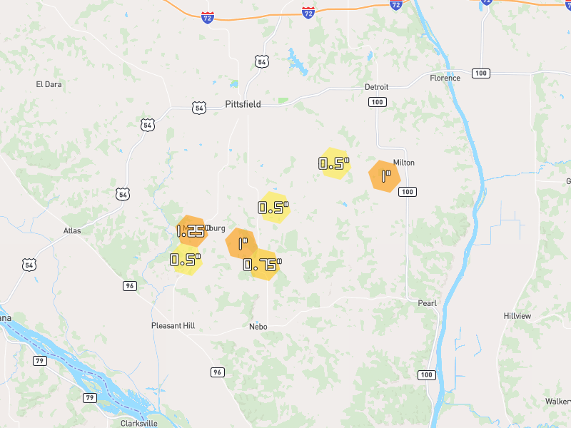 Hail map of Pittsfield, IL on Jun 1, 2026, hail up to 1.25"