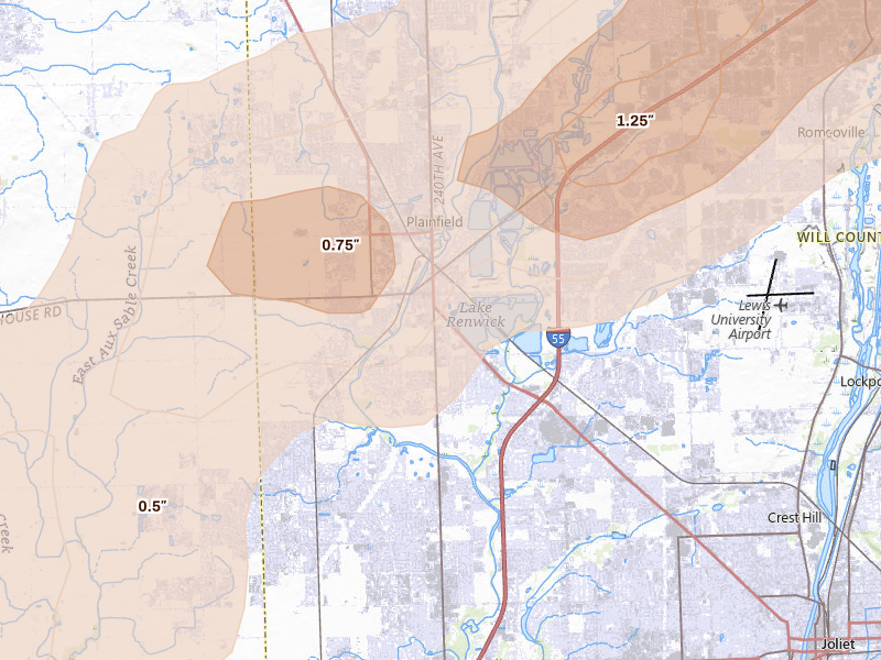 Radar-estimated hail-size map of the storm over Plainfield, IL on Mar 10, 2026