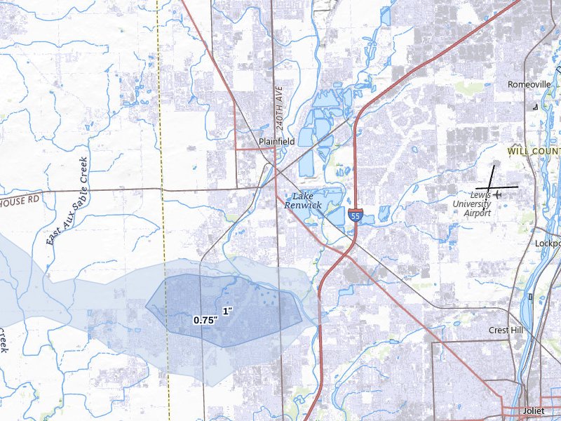 NEXRAD radar-signature map of the hail over Plainfield, IL