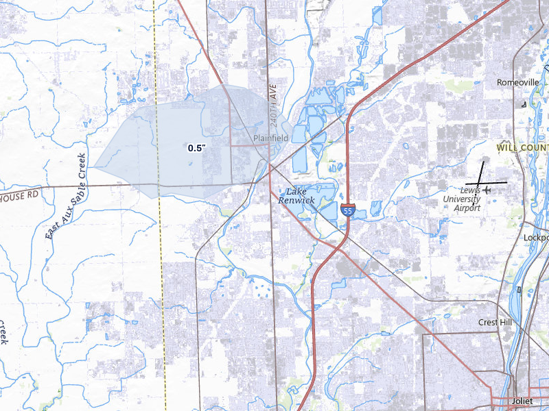 NEXRAD radar-signature map of the hail over Plainfield, IL