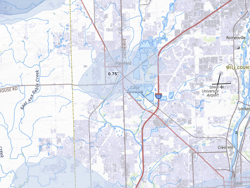 NEXRAD radar-signature map of the hail storm over Plainfield, IL on Jul 3, 2026