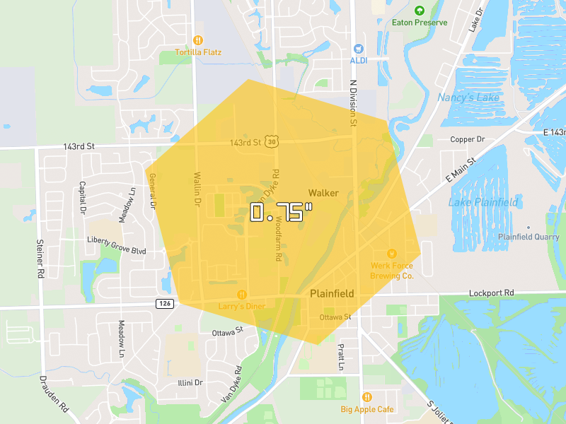 Hail map of Plainfield, IL on Jul 4, 2026, hail up to 0.75"
