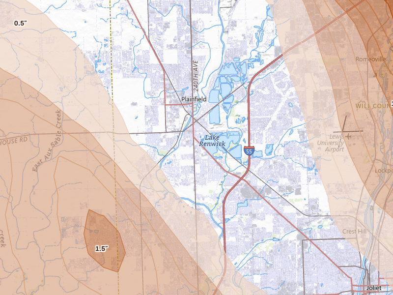 Radar-estimated hail-size map of the storm over Plainfield, IL on Jul 27, 2026