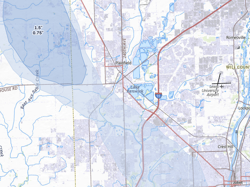 NEXRAD radar-signature map of the hail storm over Plainfield, IL on Jul 27, 2026
