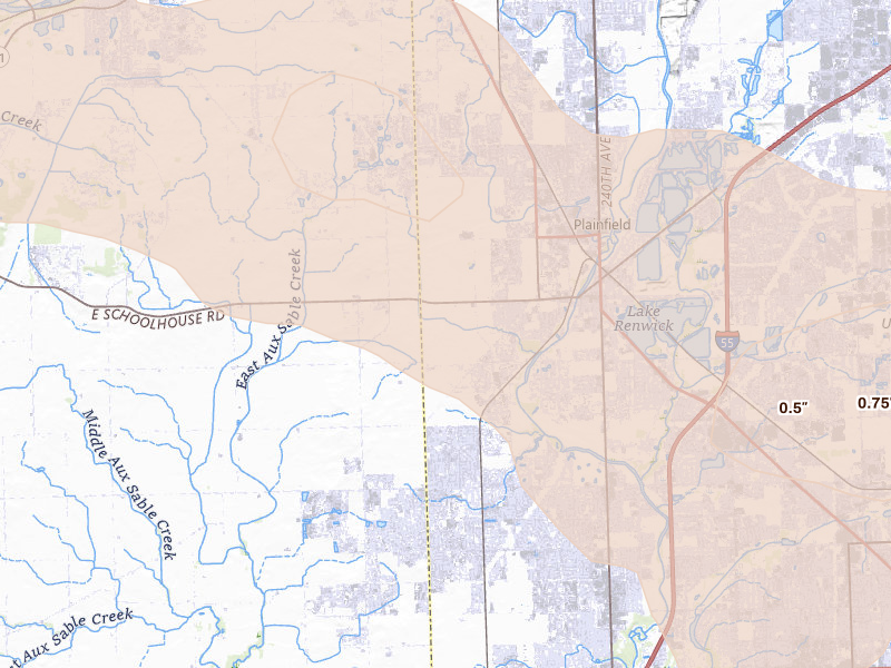 Radar-estimated hail-size map of the storm over Plainfield, IL on Aug 11, 2026
