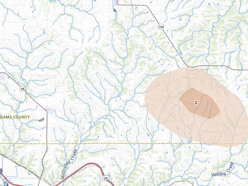 Radar-estimated hail-size map of the storm over Plainville, IL on May 16, 2026