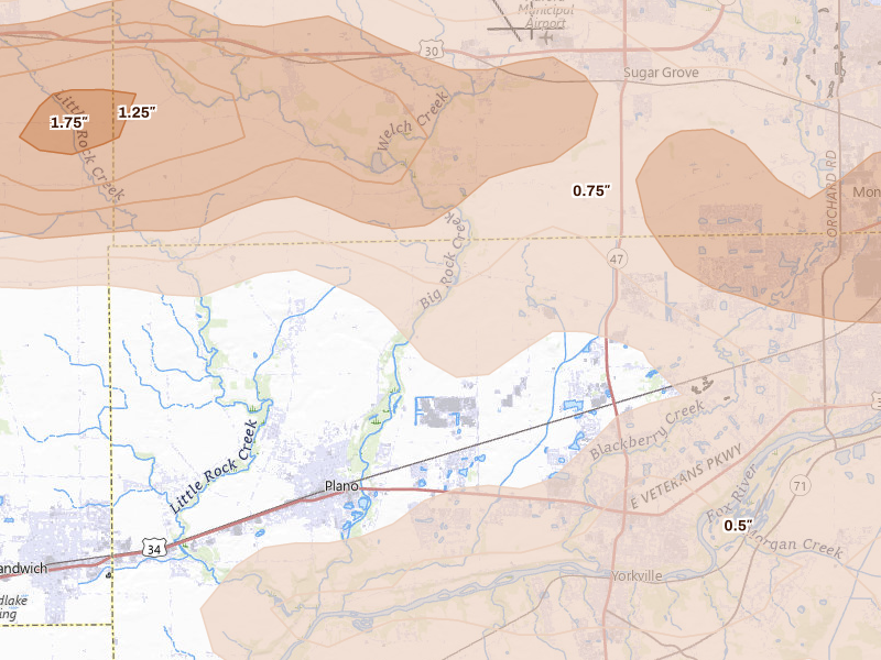 Radar-estimated hail-size map of the storm over Plano, IL on Mar 30, 2026