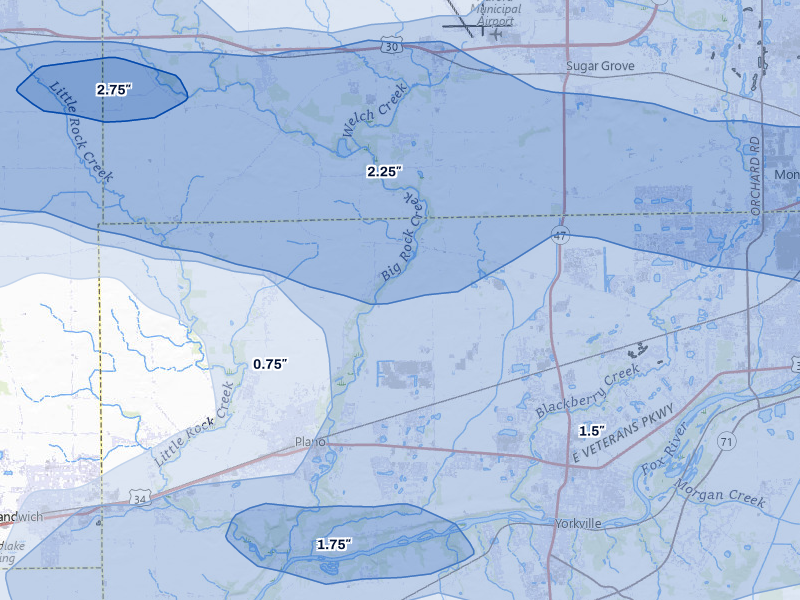 NEXRAD radar-signature map of the hail storm over Plano, IL on Mar 30, 2026