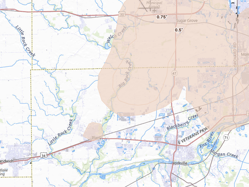 Radar-estimated hail-size map of the storm over Plano, IL on Jun 10, 2026