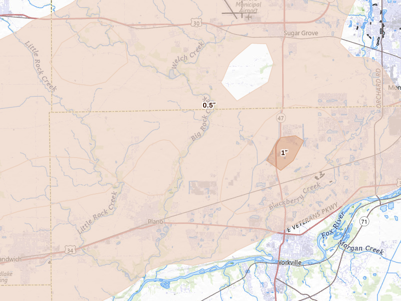 Radar-estimated hail-size map of the storm over Plano, IL on Jul 2, 2026