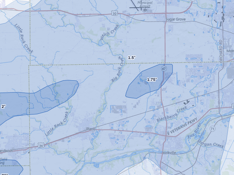 NEXRAD radar-signature map of the hail over Plano, IL