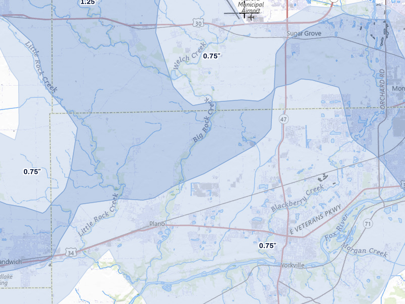 NEXRAD radar-signature map of the hail storm over Plano, IL on Jul 3, 2026