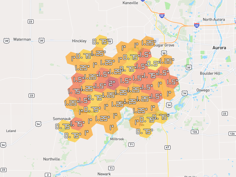 Hail map of Plano, IL on Jul 3, 2026, hail up to 2"