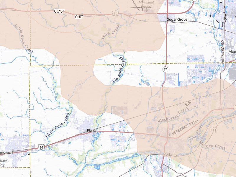 Radar-estimated hail-size map of the storm over Plano, IL on Aug 11, 2026