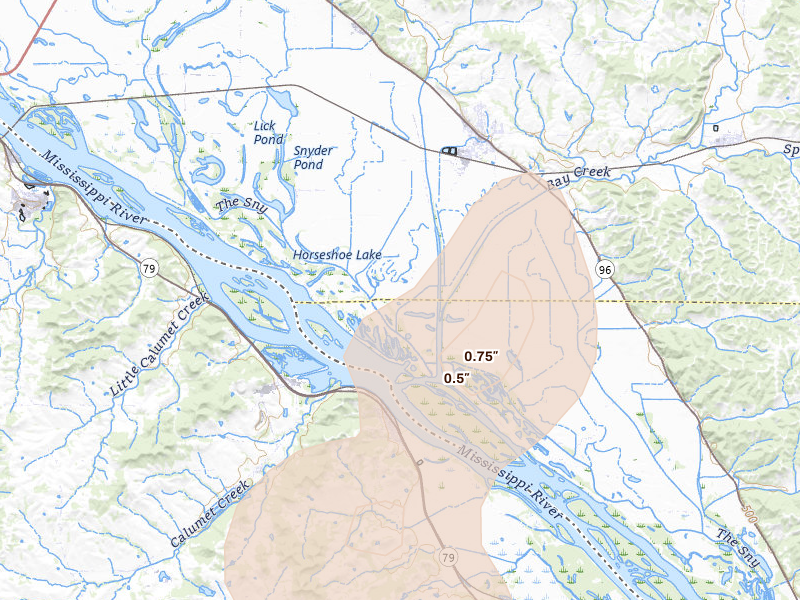 Radar-estimated hail-size map of the storm over Pleasant Hill, IL on Apr 17, 2026