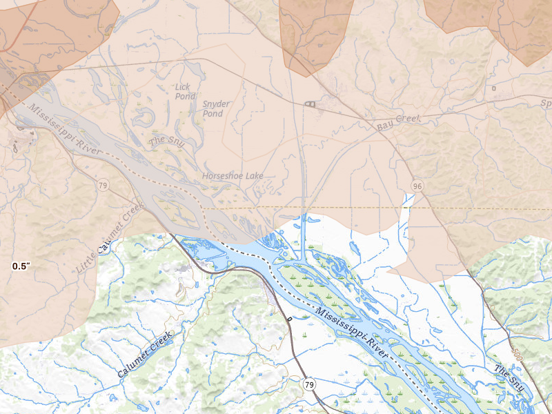 Radar-estimated hail-size map of the storm over Pleasant Hill, IL on Apr 27, 2026