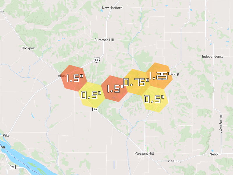 Hail map of Pleasant Hill, IL on Jun 1, 2026, hail up to 1.5"