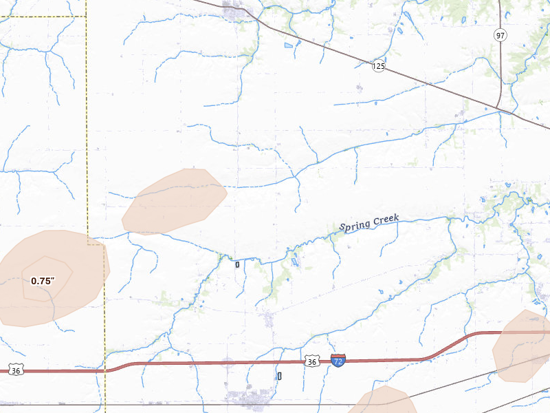 Radar-estimated hail-size map of the storm over Pleasant Plains, IL on Mar 15, 2026