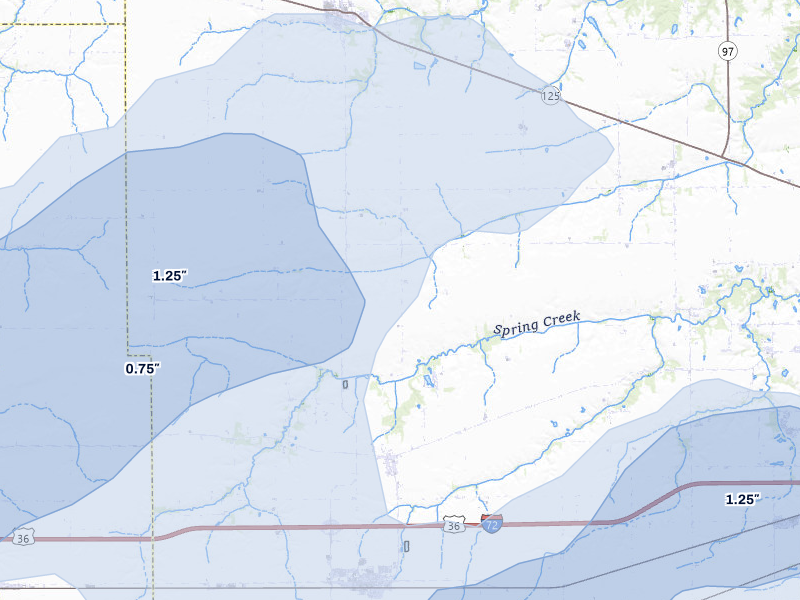NEXRAD radar-signature map of the hail over Pleasant Plains, IL