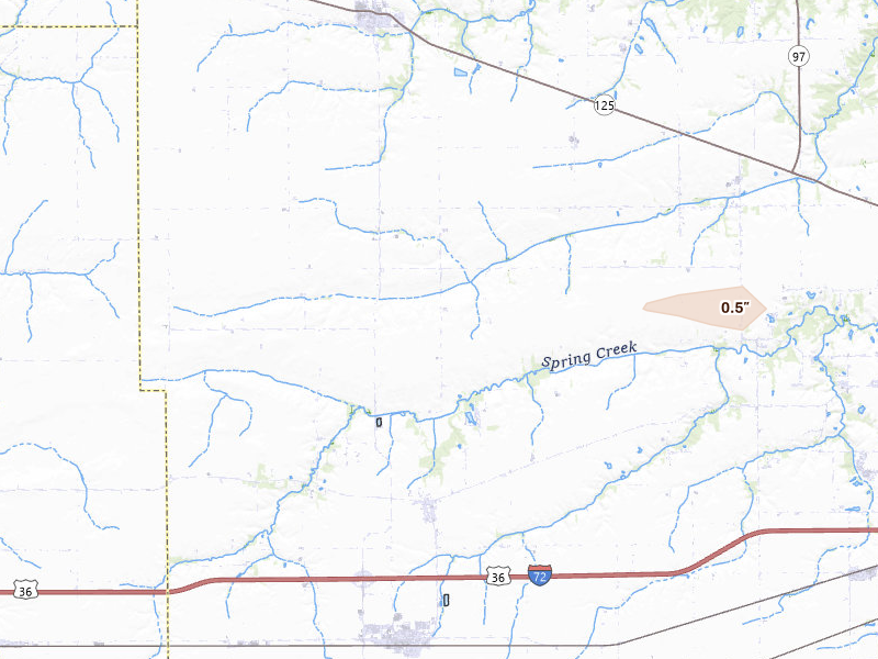 Radar-estimated hail-size map of the storm over Pleasant Plains, IL on Mar 26, 2026