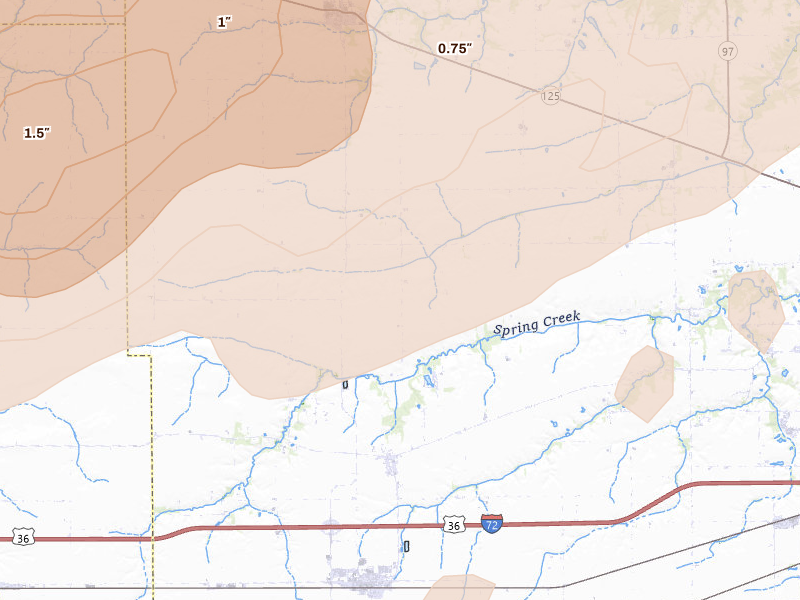 Radar-estimated hail-size map of the storm over Pleasant Plains, IL on Apr 27, 2026