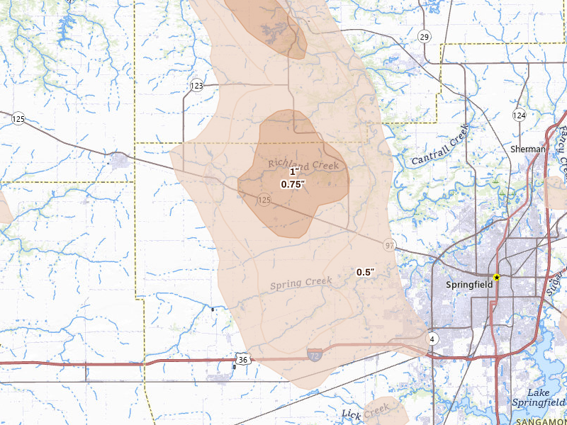 Radar-estimated hail-size map of the storm over Pleasant Plains, IL on Aug 21, 2026