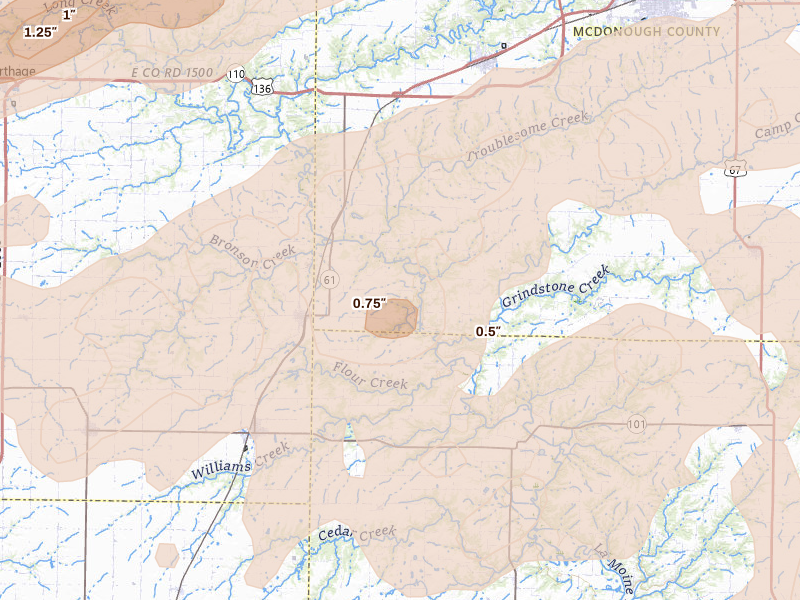 Radar-estimated hail-size map of the storm over Plymouth, IL on Jun 11, 2026