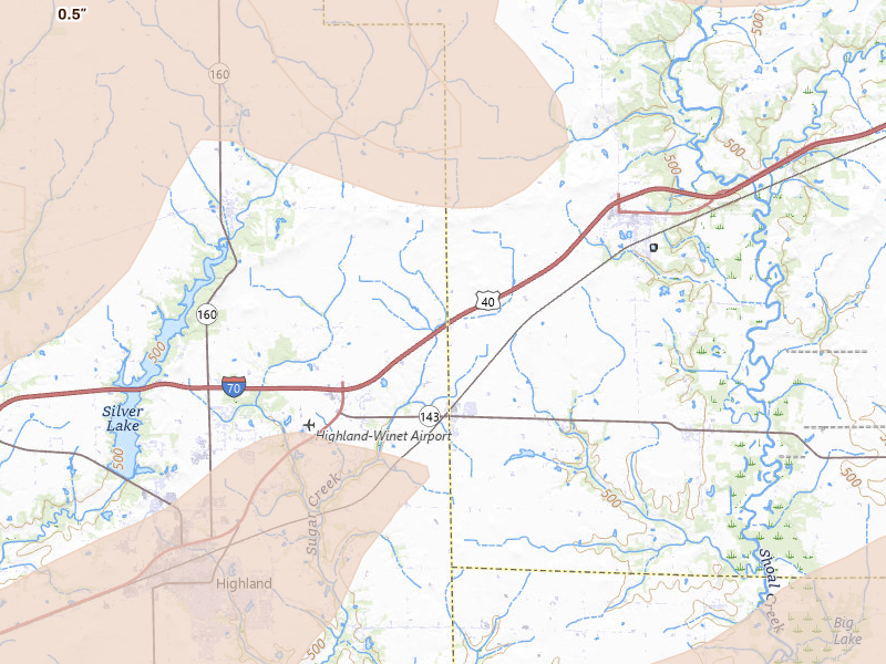 Radar-estimated hail-size map of the storm over Pocahontas, IL on Apr 27, 2026
