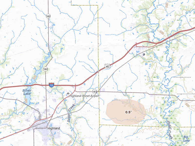 Radar-estimated hail-size map of the storm over Pocahontas, IL on May 16, 2026