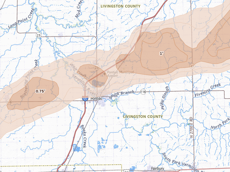 Radar-estimated hail-size map of the storm over Pontiac, IL on Mar 10, 2026